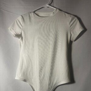 White Short Sleeve Bodysuit Crew Neck Stretch Fit Size M